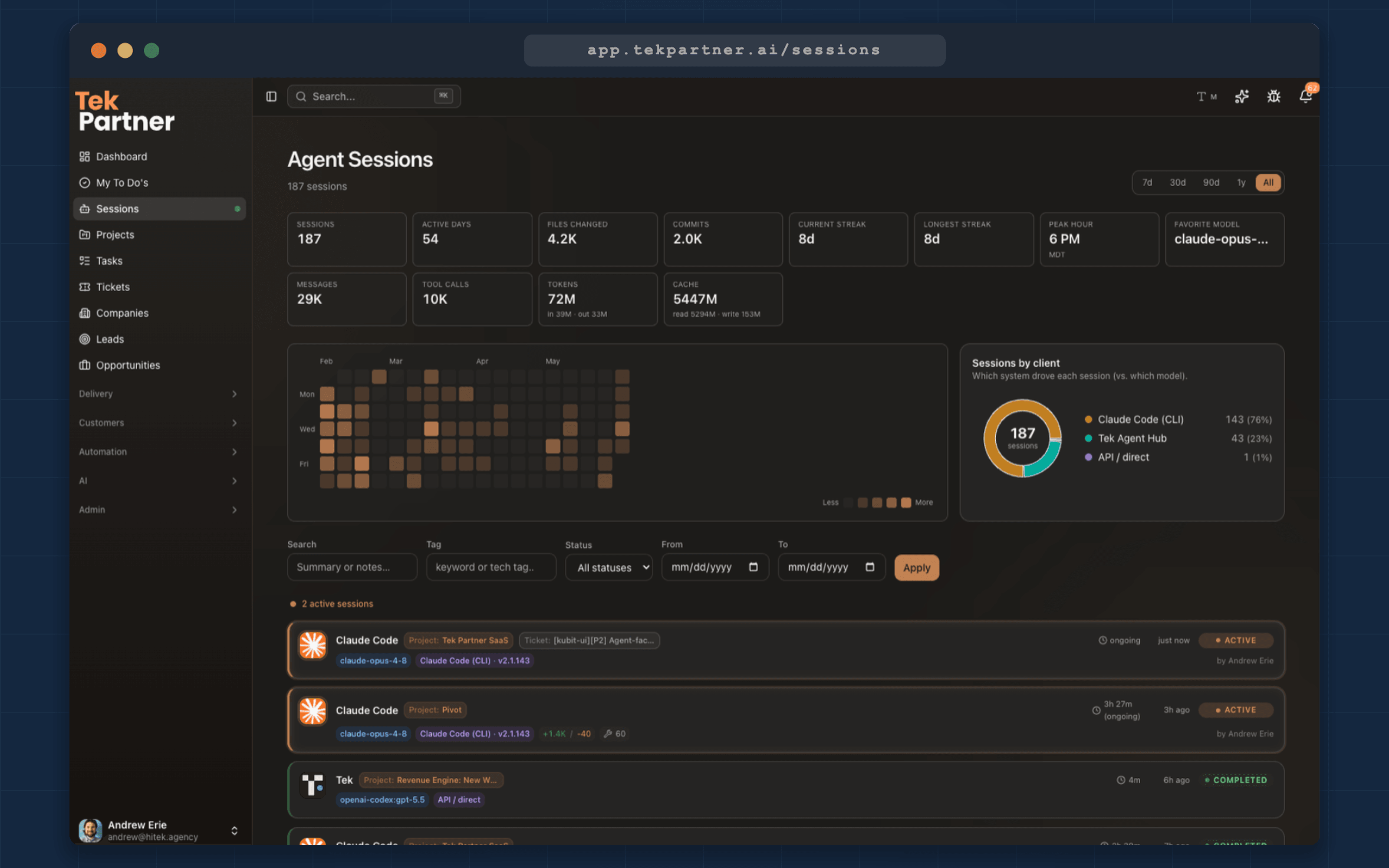 TekPartner agent sessions dashboard with live agent activity